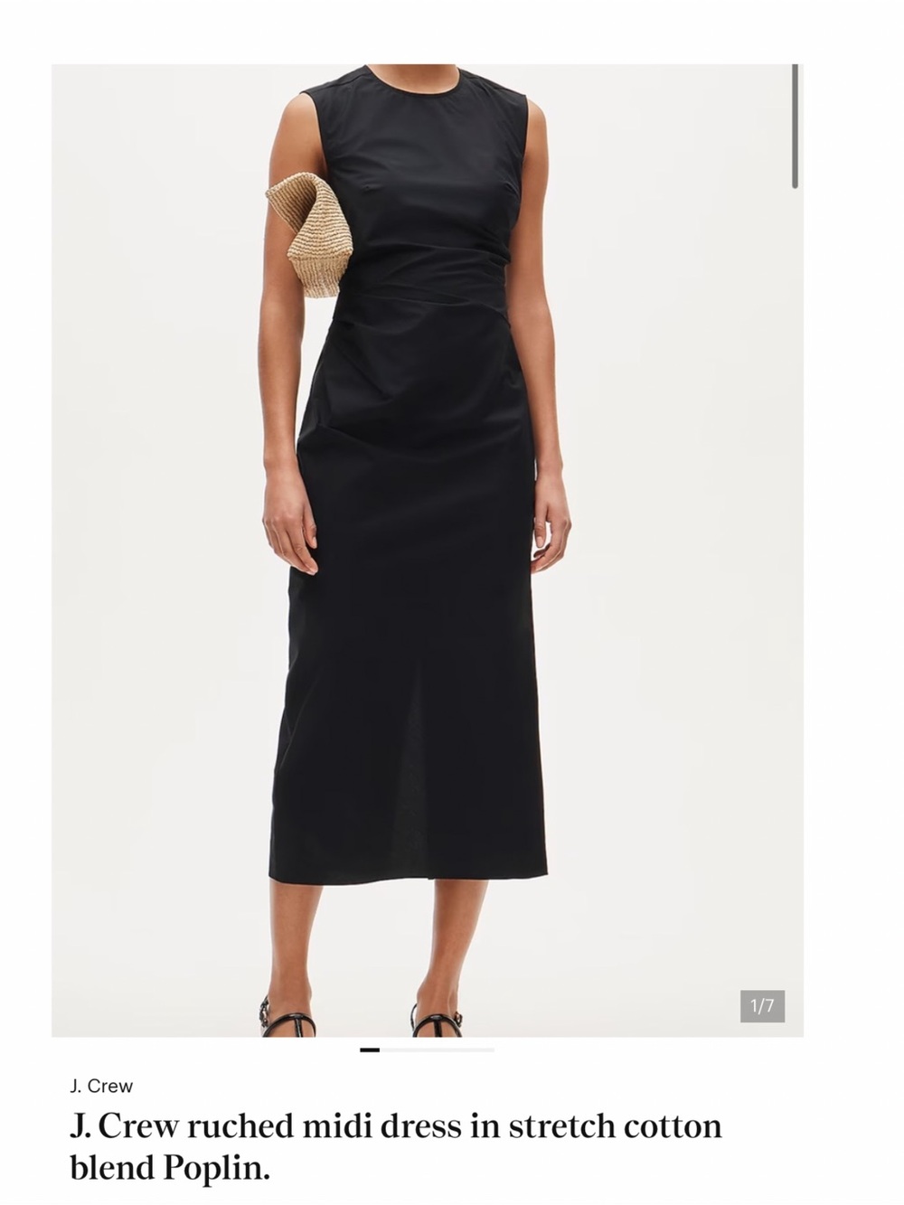 J. Crew Sleeveless Black Ruched Midi Dress, 10P
